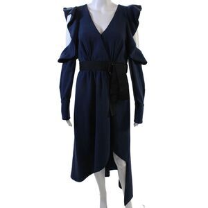 Self-Portrait Womens Belted V-Neck Long Sleeve Maxi Dress Navy Size 6